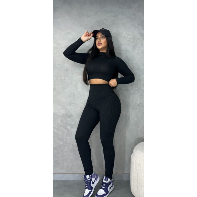 conjunto feminino inverno manga longa cropped e legue canelado moda blogueira tendências outono-inverno em Oferta na Shopee