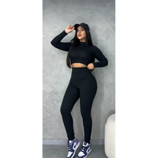 conjunto feminino inverno manga longa cropped e legue canelado moda blogueira tendências outono-inverno em Oferta na Shopee
