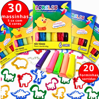 Kit 30 Unidades de Massinha  + 20 moldes Forminhas Sortidas para modelar Infantil  (5 caix...