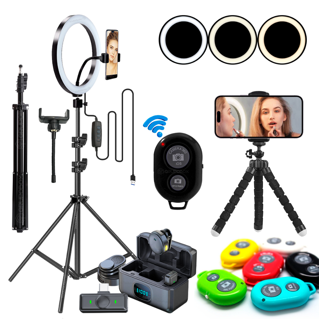 Kit Youtuber Microfone Sem Fio Profissional Tripé 2.10 Ring Light Iluminador 10 Pol Android Iphone em Oferta na Shopee
