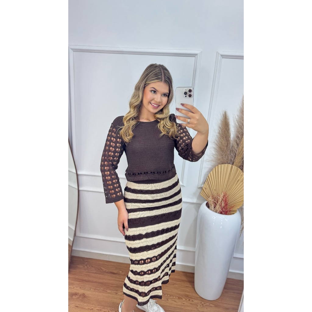 Conjunto Feminino De Tricot Inverno Detalhes Renda Listras Tricô Manga Comprida Feminina S...