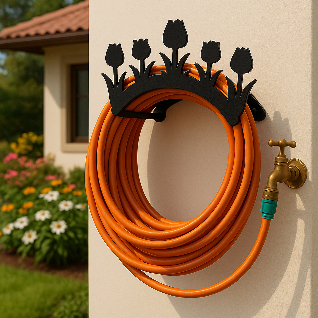 Suporte de enrolar mangueira de jardim quintal suporte fixo na parede em aço modelo TULIPA