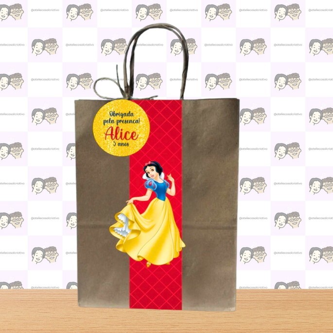 Sacolinha Branca de Neve Personalizada com Tag e Apliques 3D | Lembrancinha Festa Infantil Princesa