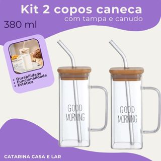 Kit 2 Copos Canecas Diferenciadas de Vidro com Tampa de Bambu e Canudo de Vidro 380ml