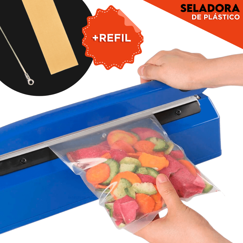 Seladora de Plástico Manual - 20cm Bivolt com Refil - Sela Embalagens Rápido e Sem Vazamentos - MN
