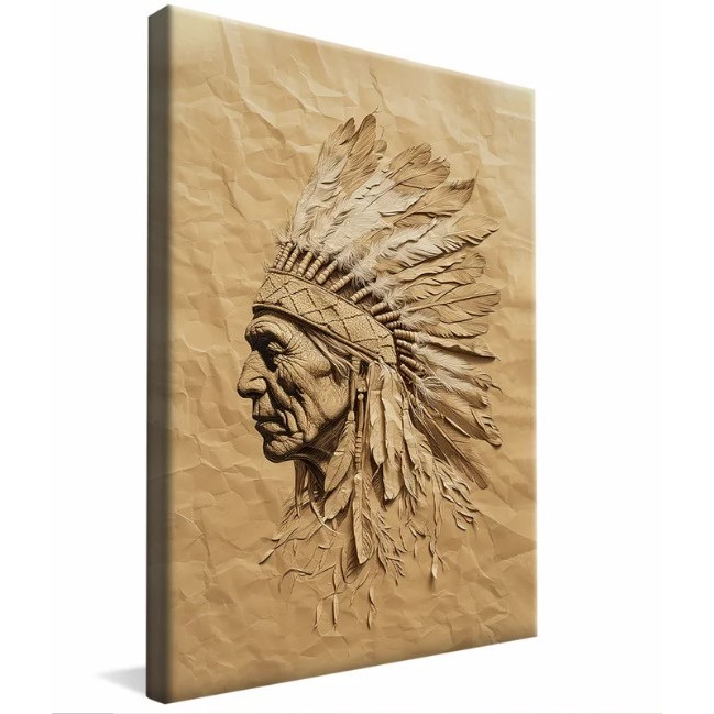 Quadro decorativo 1 peça Tema Indígena de cocar - Efeito amassado pintura fake - Disponível em diver