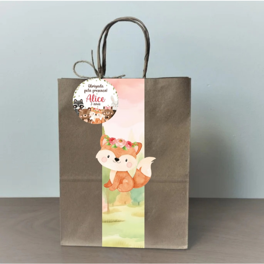 Sacolinha Bosque Encantado Menina Personalizada com Tag e Apliques | Lembrancinha Festa Infantil