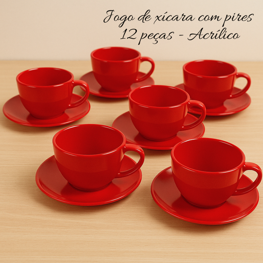 JOGO DE XÍCARAS COM PIRES 12 PEÇAS - 6 PIRES - 6 XÍCARAS 200ML ACRÍLICO COR VERMELHO PARA CHÁ/CAFÉ