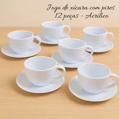 JOGO DE XÍCARAS COM PIRES 12 PEÇAS - 6 PIRES - 6 XÍCARAS 200ML ACRÍLICO COR BRANCO PARA CHÁ/CAFÉ