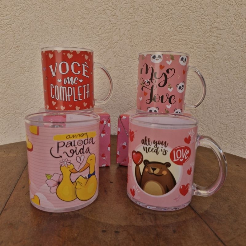 Caneca De Vidro Dia Dos Namorados Estampadas de Amor Variadas  - 330ml