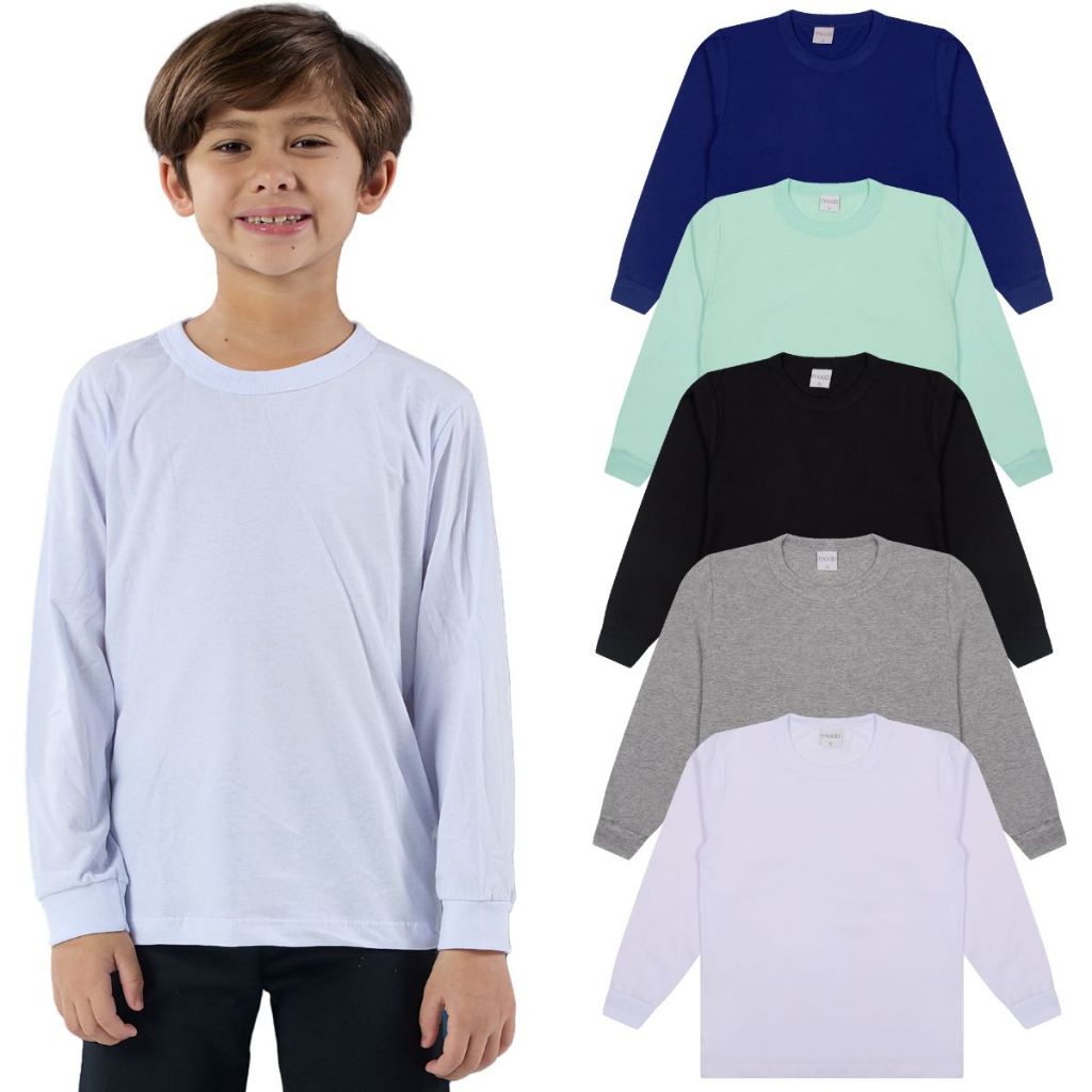 Kit 5 Camisetas Manga Longa Infantil Blusa Juvenil Básica de Menino Cores Lisas em Oferta na Shopee