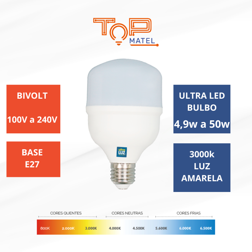 Lâmpada LED 4,9W, 9W, 15W, 20W, 30W, 40W, 50W Super Bulbo T Ultraluz Bivolt 3000K Branca Quente E27
