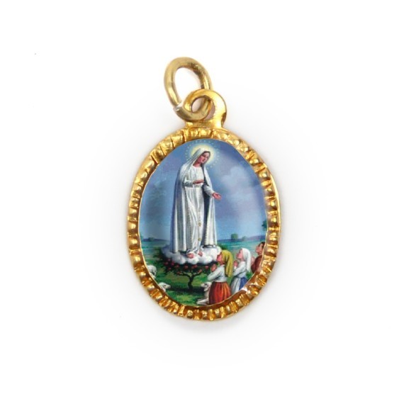 Medalha de Alumínio Oval Dourada N. Sra. De Fátima - 2X1,3cm.