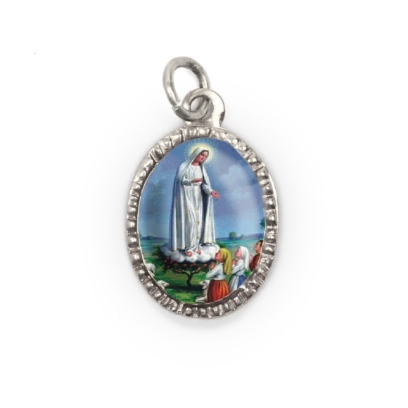 Medalha de Alumínio Oval Prata N. Sra. De Fátima - 2X1,3cm.