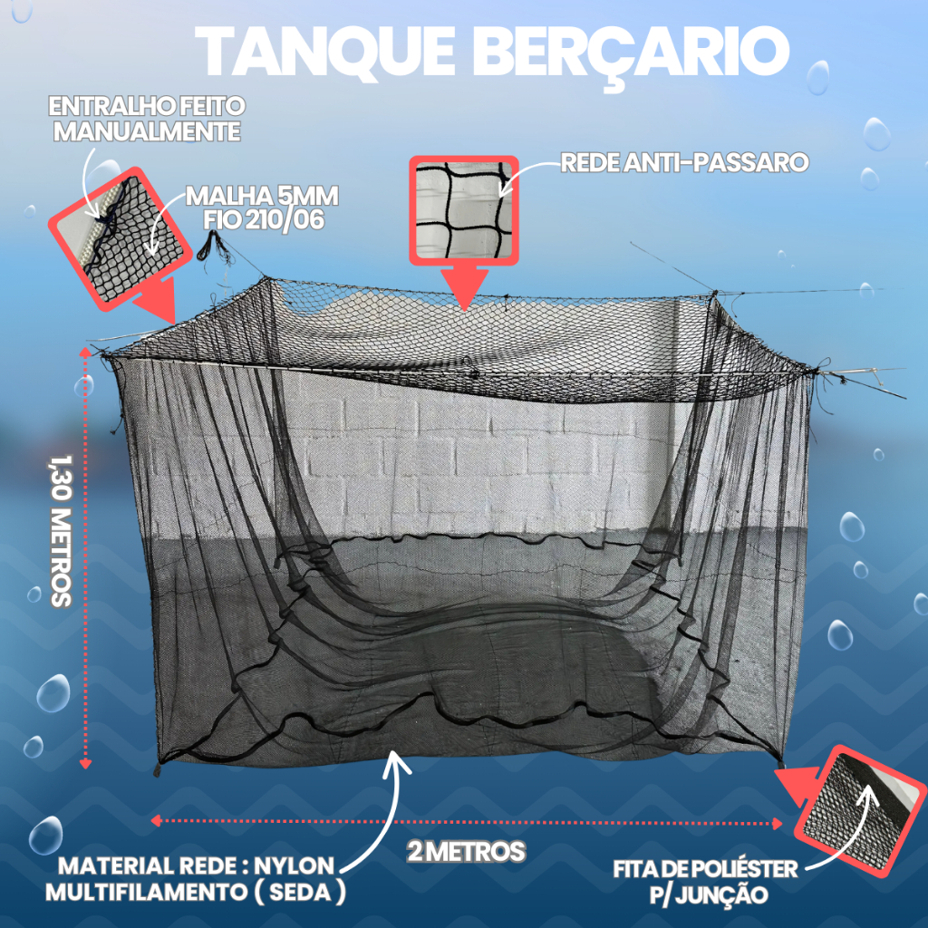 Tanque Rede Berçário, P/alevino 5mm 2,00x2,00x1,30 + Tampa