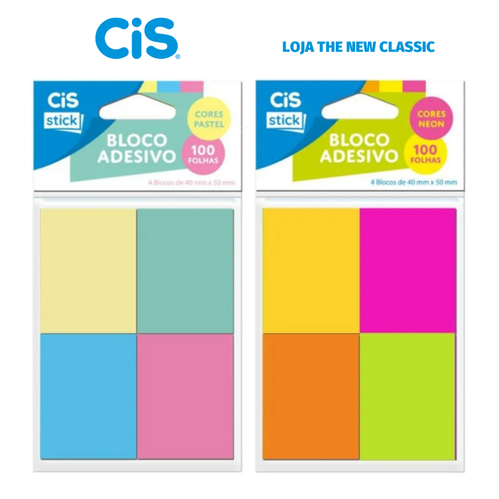Bloco Cis Adesivo para Lembretes e Notas Tom Pastel ou Neon - 100 Folhas x 4 Cores