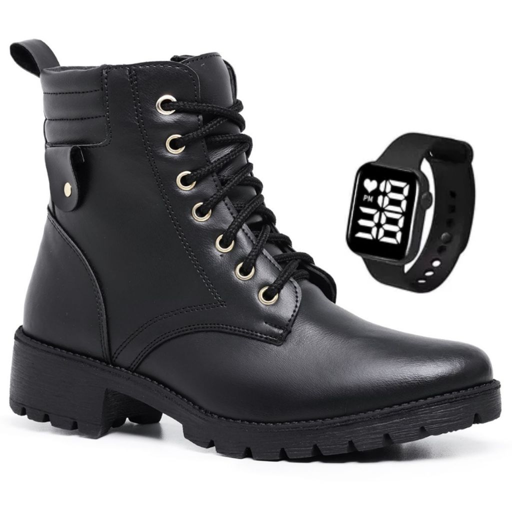 Bota Coturno Feminino Botinha Cano Curto Casual Preta Militar Zíper Salto Moderno Macia + Relógio