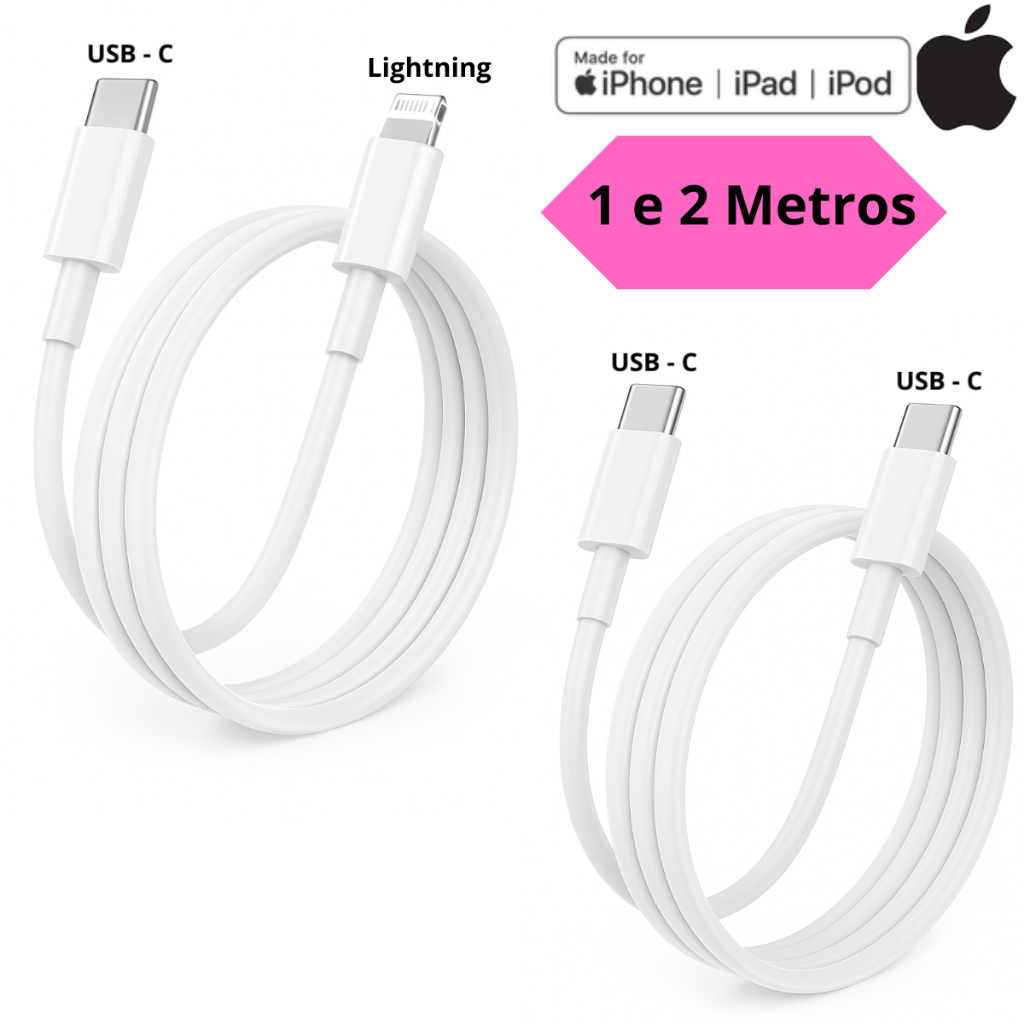 Cabo Carregador iPhone 11 Pro 14 Pro Max iPhone 15 iPhone 16 Cabo Usb P/ Lightning iPad Cabo USB-C Cabo iPhone 1 metro