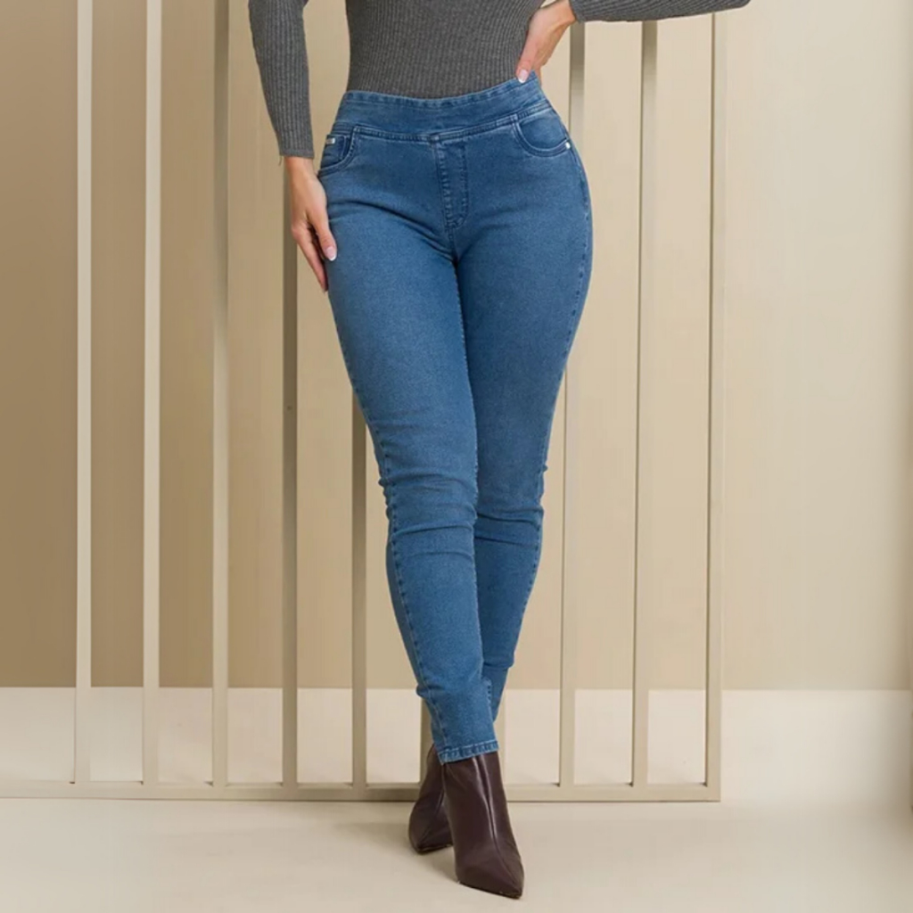 Calça Feminina Jeans Jogging Cintura Alta Empina Bumbum com Elastano Modeladora Bolso Lycra