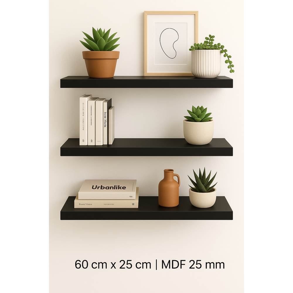 Prateleiras Parede 60x25cm em MDF preto 25mm Suporte Invisível Decoração quarto sala escritório