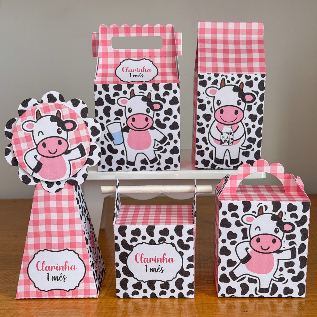 Kit Festa Vaquinha Vaca Rosa Personalizada Pegue e Monte lembrancinhas mêsversário aniversário chá fralda e revelação