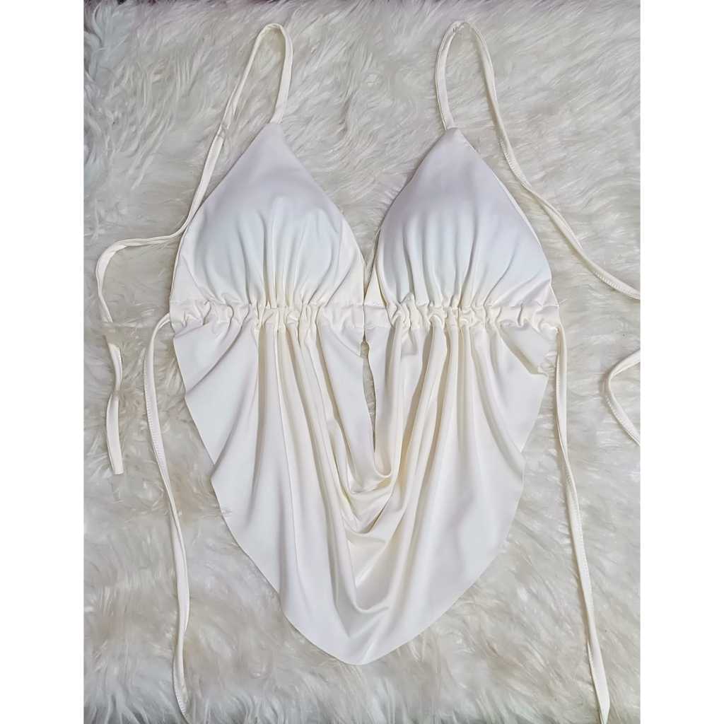 Top Blusa Feminina Gola Boba Frente Unica Decotado Amarração nas Costas Babado