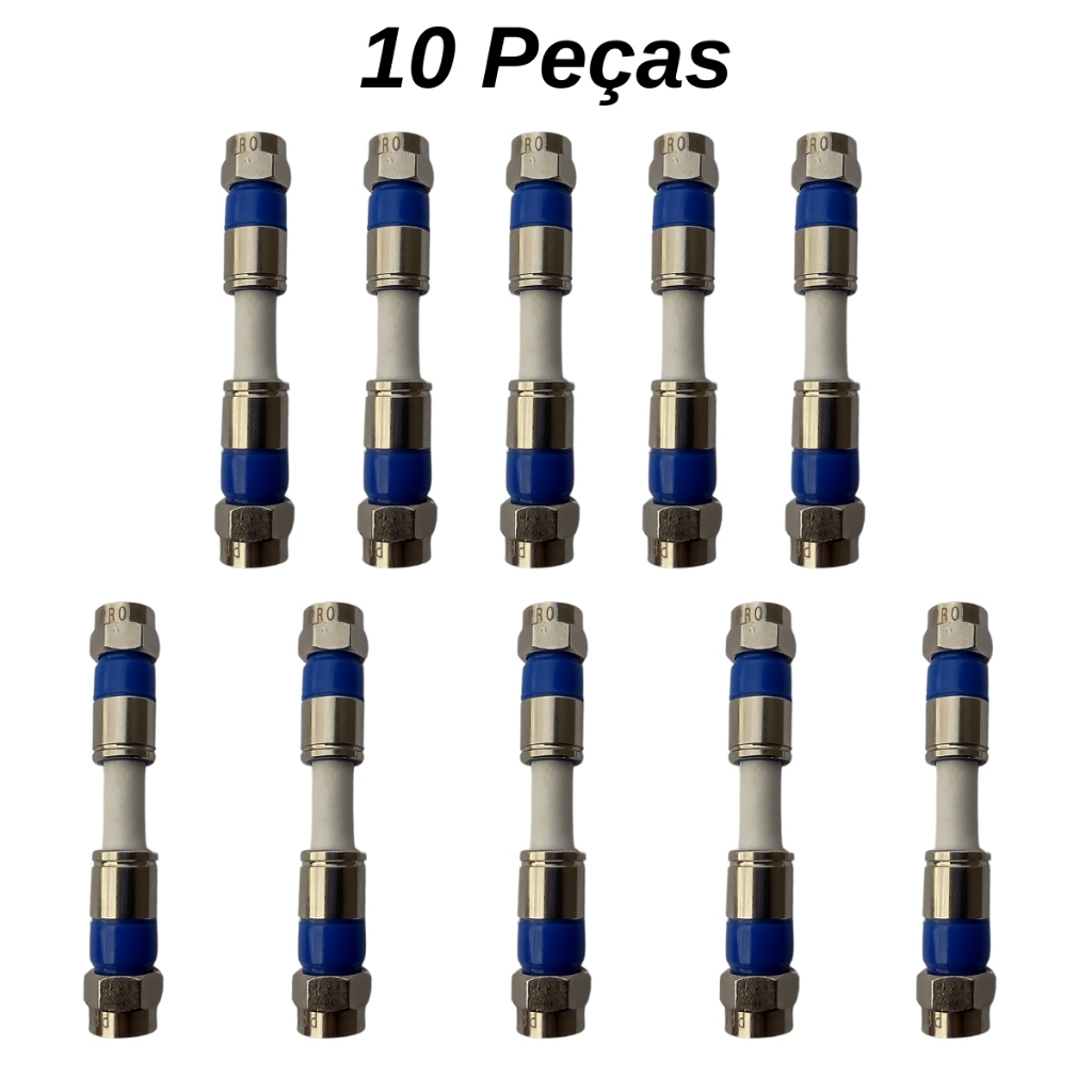 Kit 10 Peças Emenda Conector Compressão F Macho Macho Coaxial TV Rg6 Rg59 Rerforçado