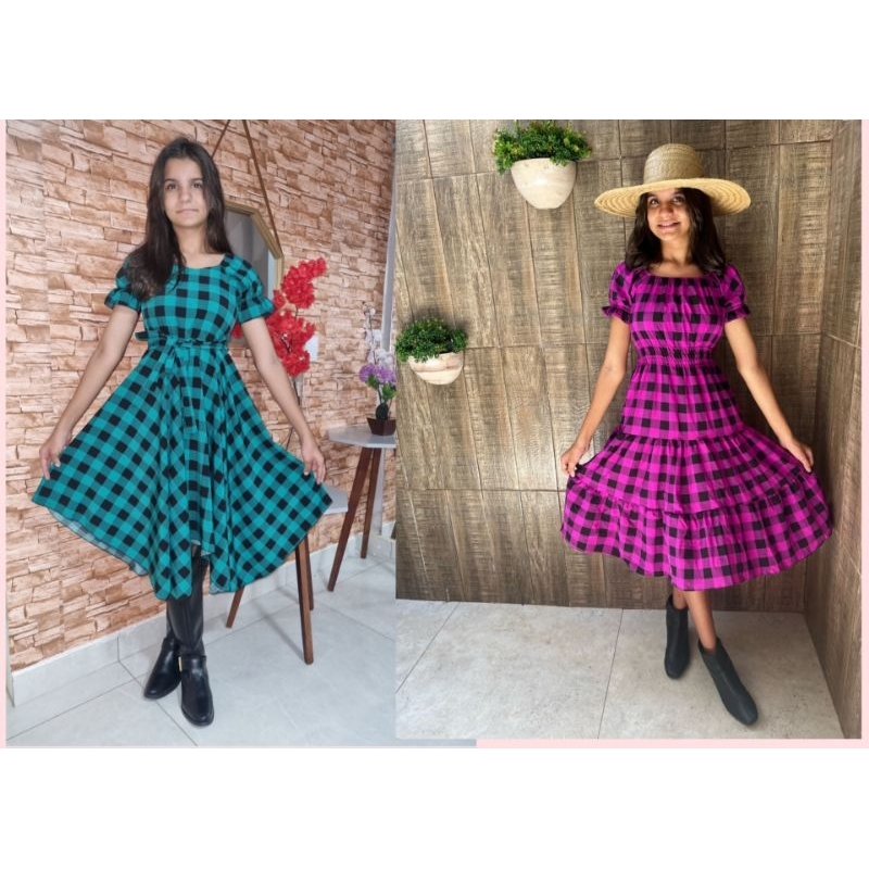Vestido Feminino Infanto-Juvenil Xadrez Para Garotas Três Maria Ciganinha Barbado Elegante...