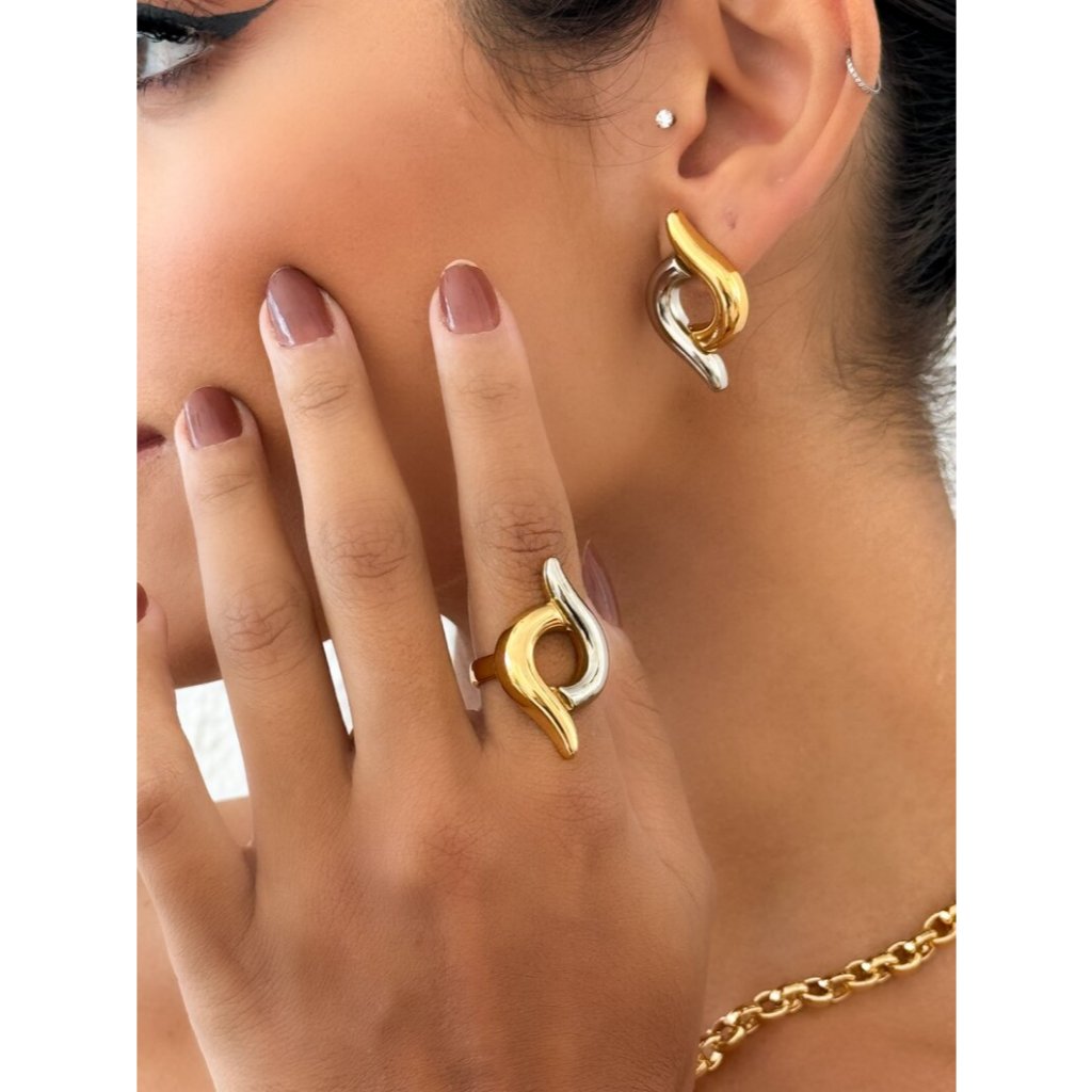 Conjunto Anel e Brincos Duo Ouro 18k e Prata 925 Kit Feminino de Semi Joias Presente para Mulheres