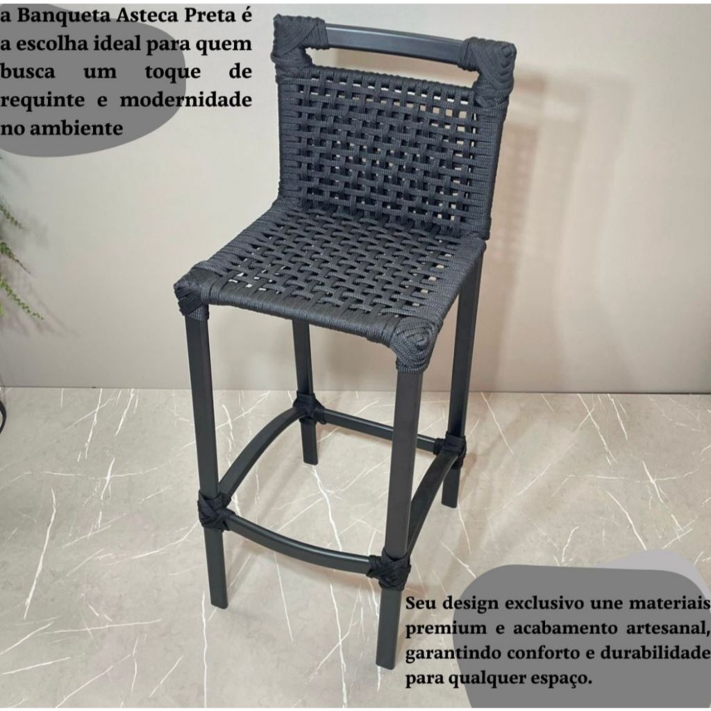 Banqueta asteca alumínio e corda náutica bancada balcão ilha gourmet bar cozinha luxo