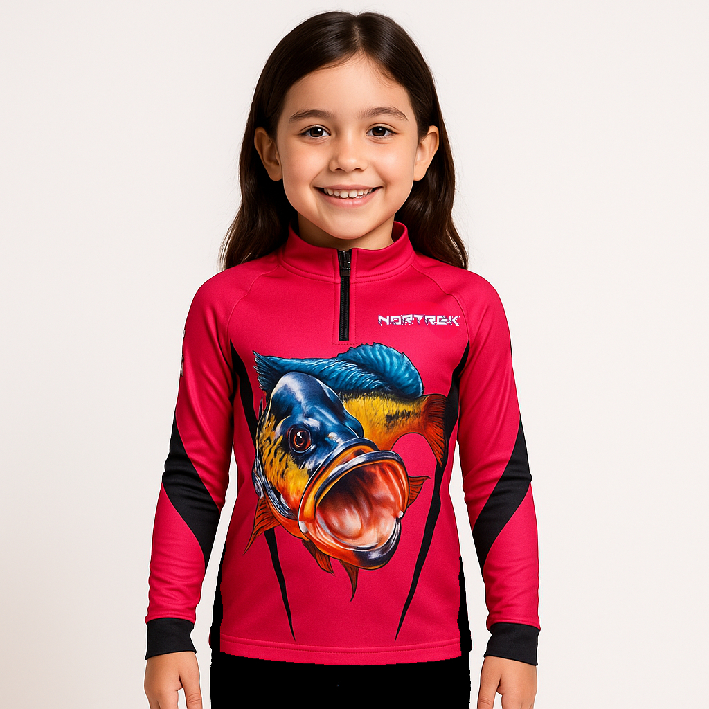 Camisa de Pesca Infantil Rosa Tucunare C/ Protreção UV50+ Manga Longa Gola e Ziper