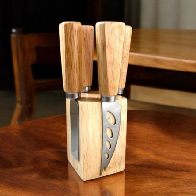 Kit Queijo Petisco 4 Peças em Suporte Magnético de Madeira e Inox Multiuso Decorativo Portátil