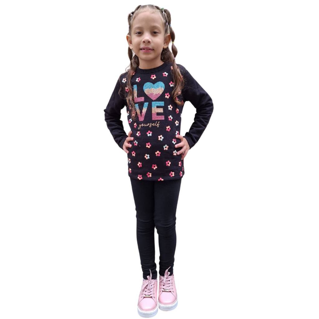 Conjunto moletom Brandili Florzinha love com blusão e leggin inverno