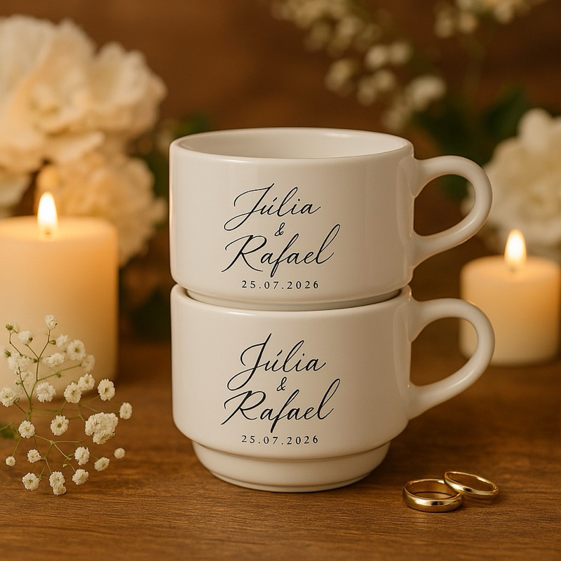 Kit 16 xícaras empilháveis de porcelana 200ml personalizadas para casamento e eventos especiais!