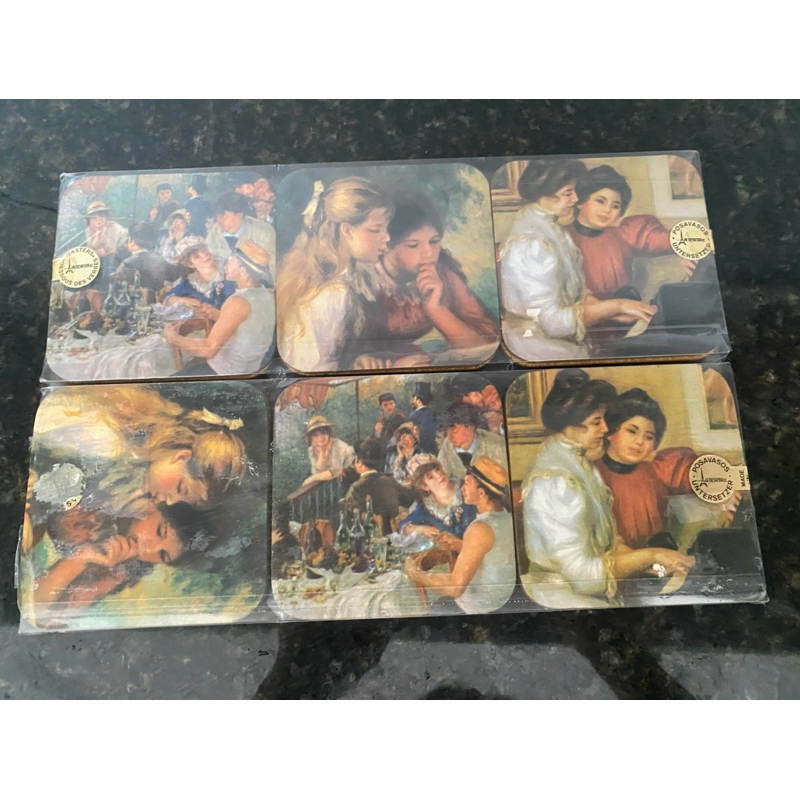 Jogo com 12 porta copos confeccionados em cortiça, apresentando imagem de pinturas de Renoir.