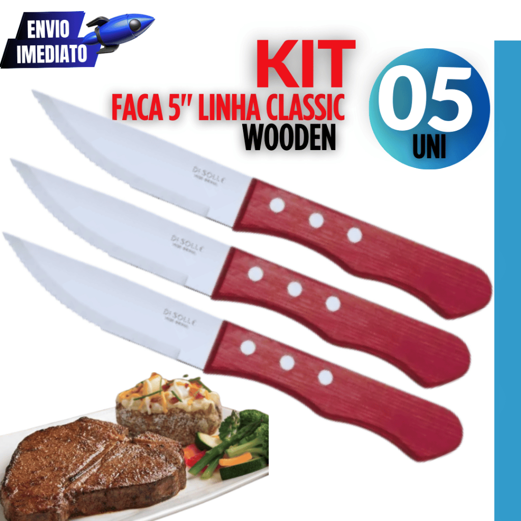 Conjunto 5 Unidades Facas Com Cabo de Madeira Linha Classic Wooden Variáveis Utilidades Churrasco Cozinha Restaurante