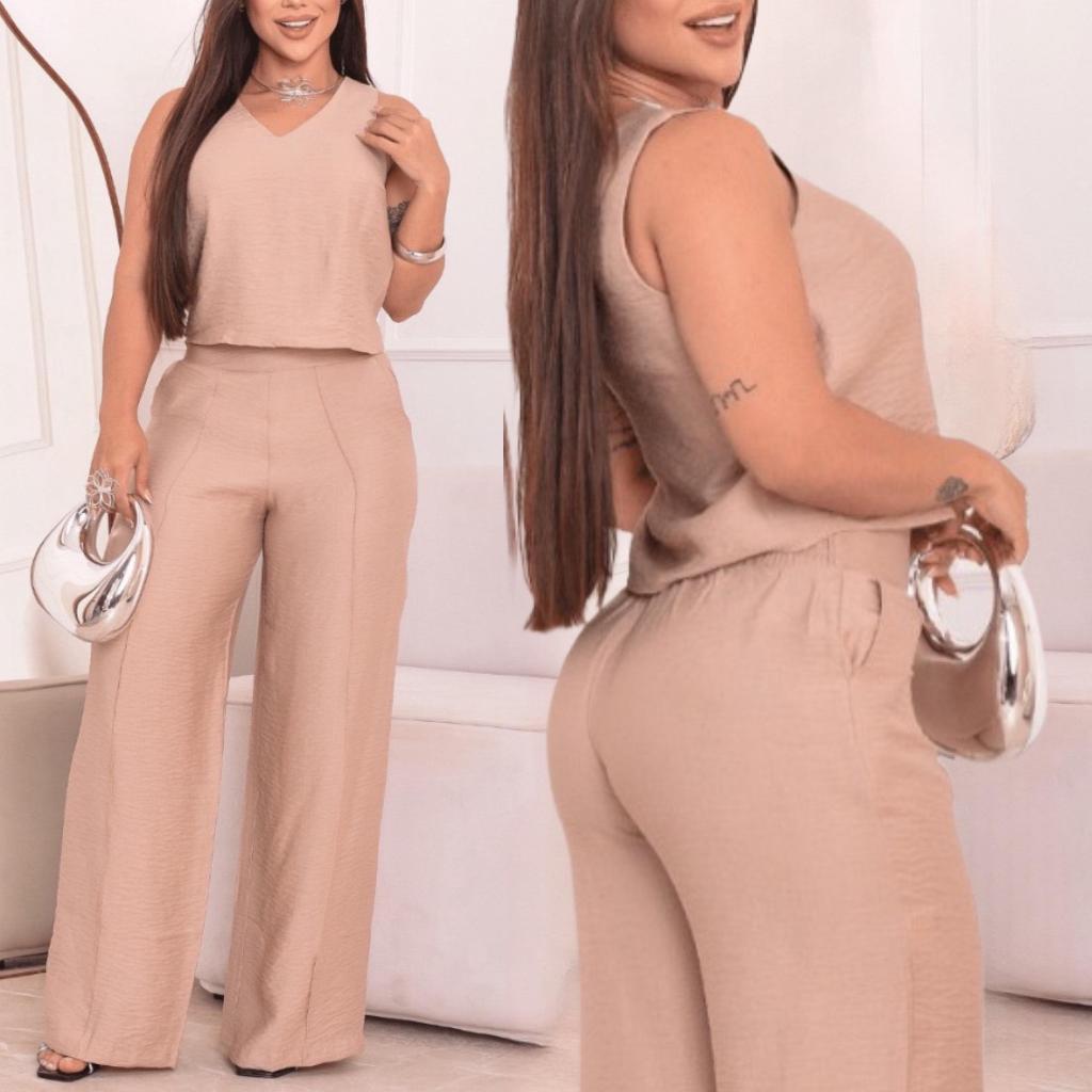 Conjunto Feminino Pantalona Blusa Regata Decote Moda Elegante Social Dia a Dia
