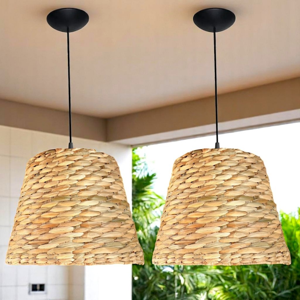 Luminária de Teto Pendente Lustre de Palha Natural Boho 30cm - kit 2 peças