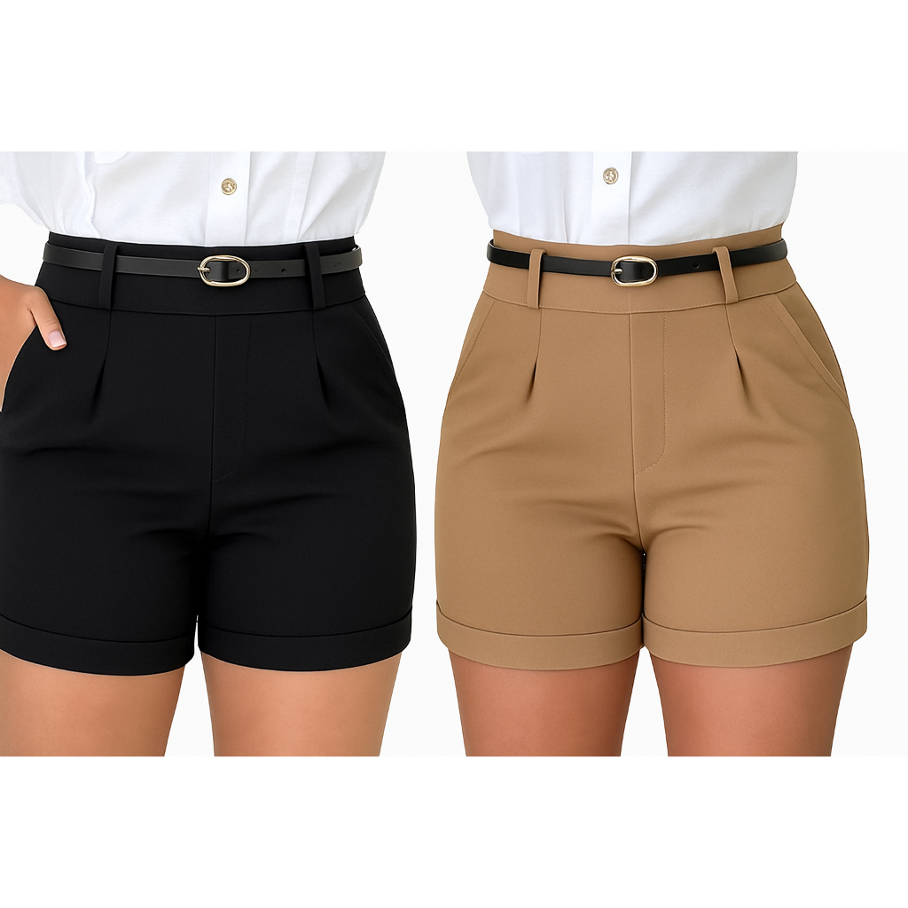 Kit 2 Short Alfaiataria Feminino Social Com CINTO e BOLSOS Cintura Alta P ao GG
