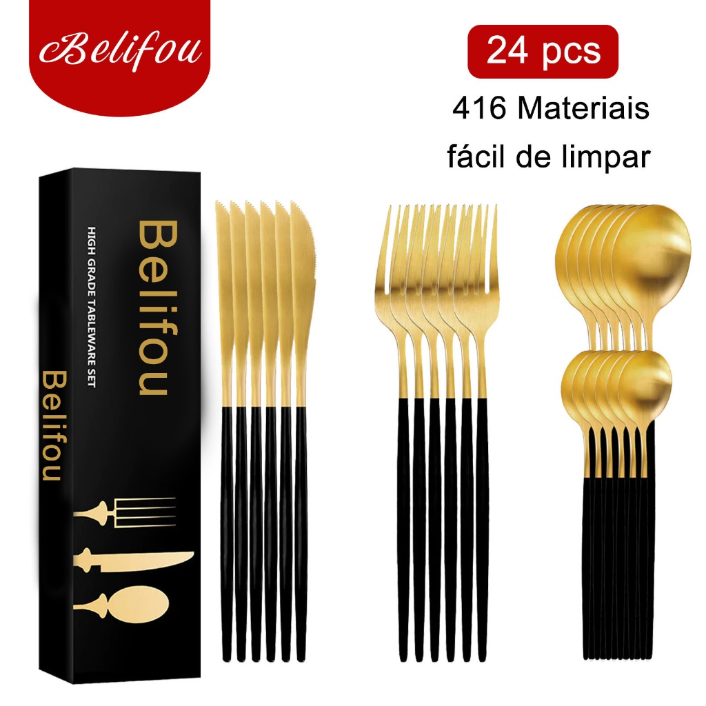 Belifou Kit 24 Jogo De Talheres Aço Inoxidável 416 Preto Dourado - Mars em Oferta na Shopee