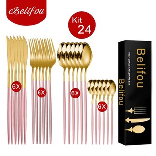 Belifou Kit 24 Jogo De Talheres Aço Inoxidável Rosa Dourado Resistente ao Desbotamento