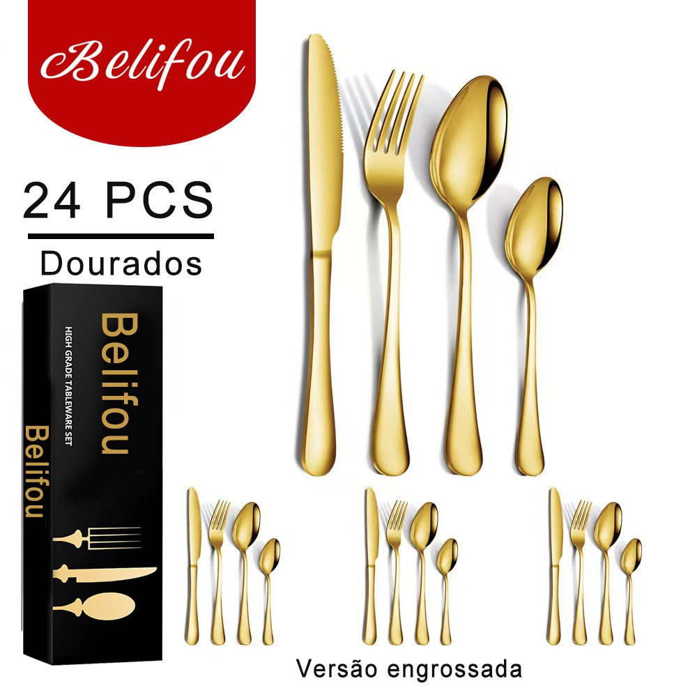 Belifou Kit 16/24/32 Jogo De Talheres Para Bife Aço Inoxidável 416 Dourados Com Colher Peq...