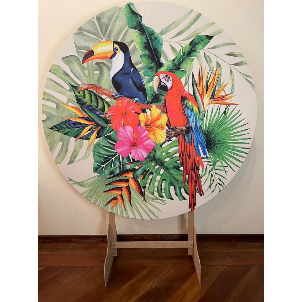 Capa para painel de Festa Redondo 1,50 mts Malha Sublimado Tropical Arara Tucano flores e folhagens