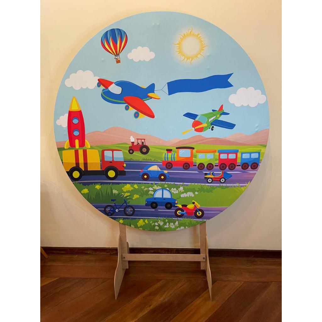 Capa para painel Festa Redondo 1,50 m Malha Sublimado Carro Transportes foguete aviao trem bicicleta