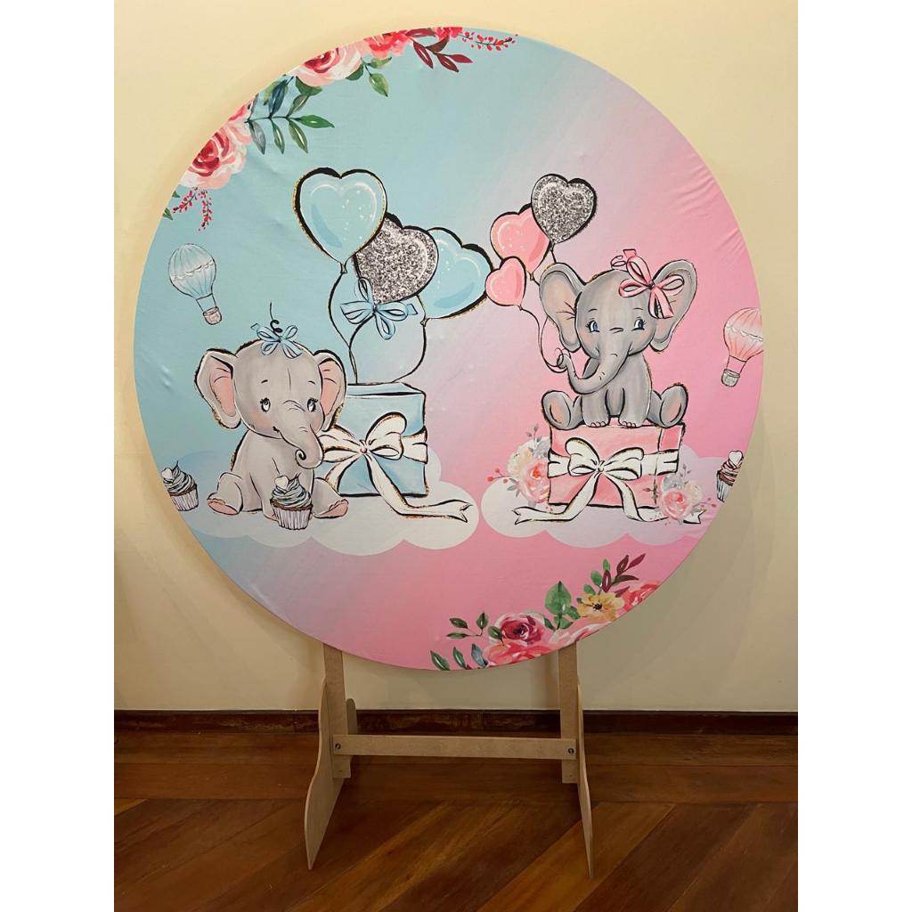 Capa para painel de Festa Redondo 1,50 mts Malha Sublimado Chá Revelação Elefantinhos rosa e azul