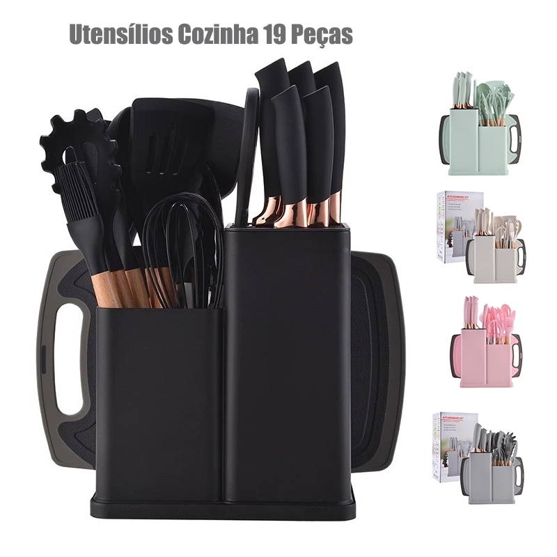 Kit Completo Jogo Utensílios de Cozinha Luxo 19 Peças Com Tábua em Silicone Espátula Faca ...