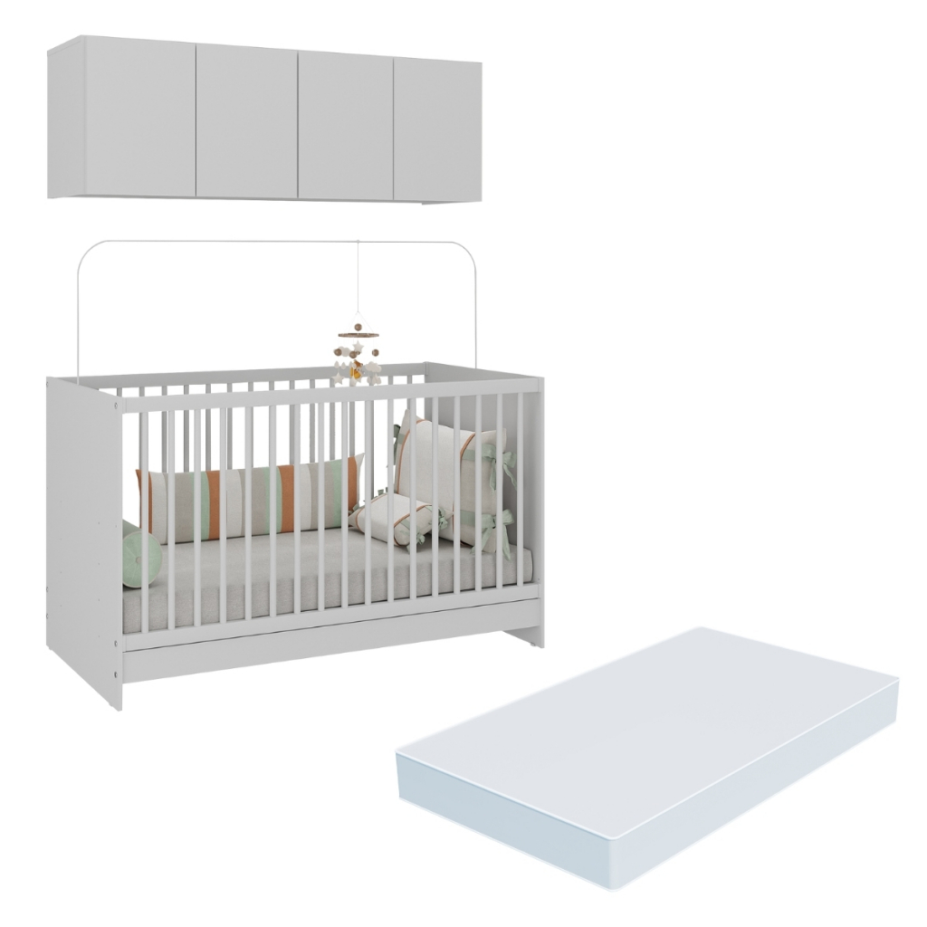 Berço 3 em 1 com Colchão e Armário Aéreo 4 portas Multimóveis MP4149 em Oferta na Shopee