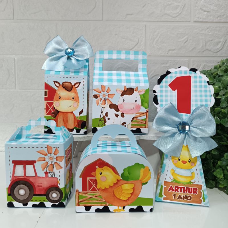 kit festa fazendinha azul/ caixas personalizadas fazendinha azul/ lembrancinhas para aniversário fazendinha azul