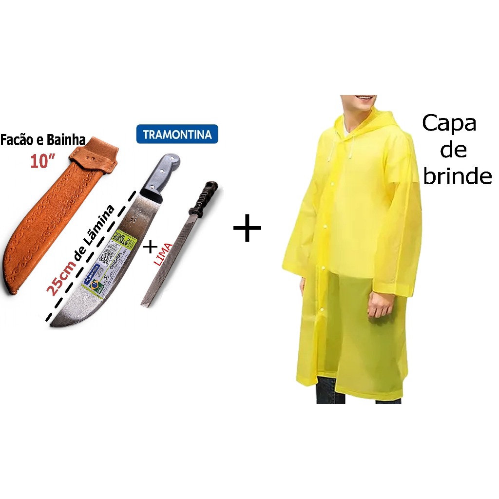 Facão Tramontina 10" + Acessórios: Bainha, Lima Aço e Capa de Chuva Impermeável