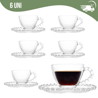 Jogo De Xícaras E Pires Em Vidro Transparente 12 Peças – 100ml Ideal para Café, Chá e Bebi...